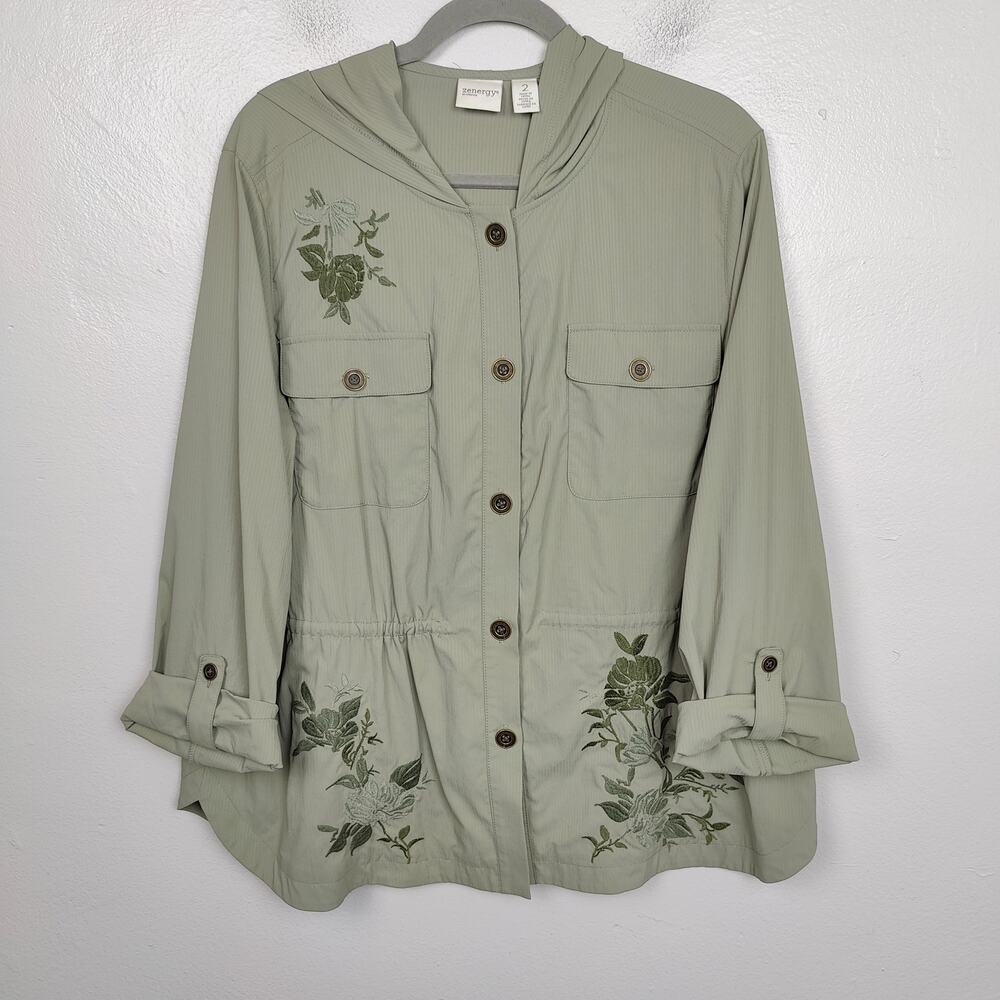 Zenergy by Chicos Embroidered Jacket Womens 2 US Large 12 Sage Green Hooded